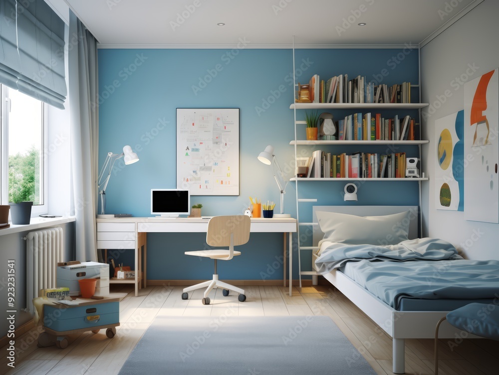 Modern bedroom with a blue wall, a bed, a desk, a chair, and a bookshelf. Modern bedroom with a blue wall, a bed, a desk, a chair, and a bookshelf.