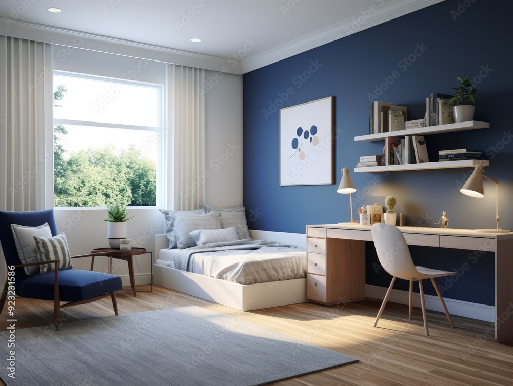 Modern bedroom with a blue wall, a bed, a desk, and a chair. Modern bedroom with a blue wall, a bed, a desk, and a chair.