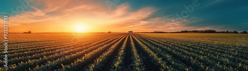 A breathtaking sunset over a vast agricultural field  showcasing rows of crops and vibrant colors in the sky.