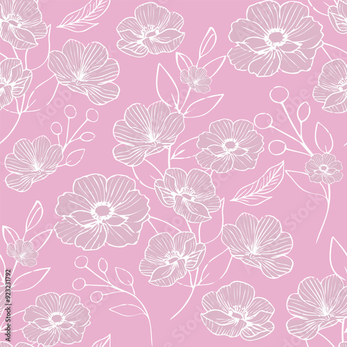 A seamless floral pattern featuring white outlined flowers on a pink background. Perfect for textiles, wrapping paper, and digital backgrounds.