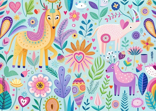 Whimsical Valentine's Delights: Playful, whimsical, bright pastels, abstract shapes, animal motifs