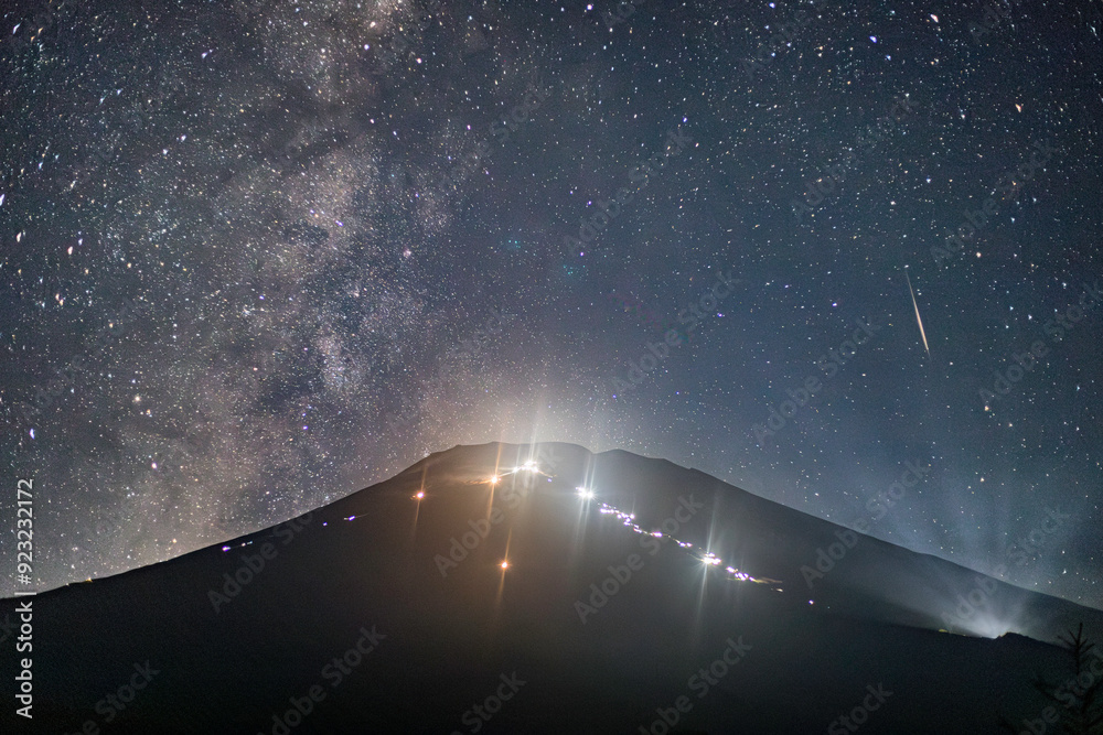 Φωτογραφία 富士山登山道から登山者の光跡と富士山頂にそびえたつ天の川