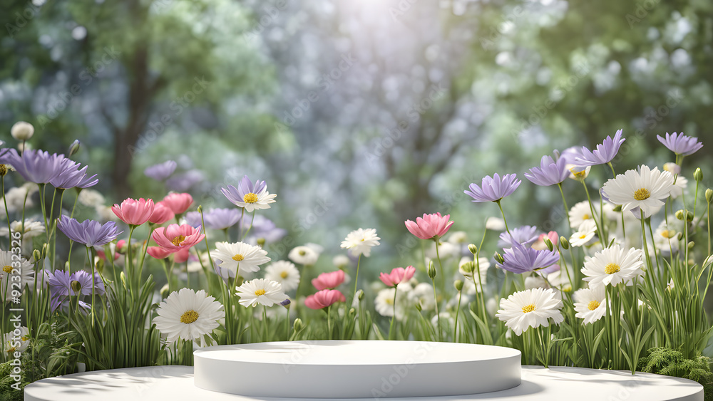 there is a white platform in the middle of a field of flowers there is a white platform in the middle of a field of flowers