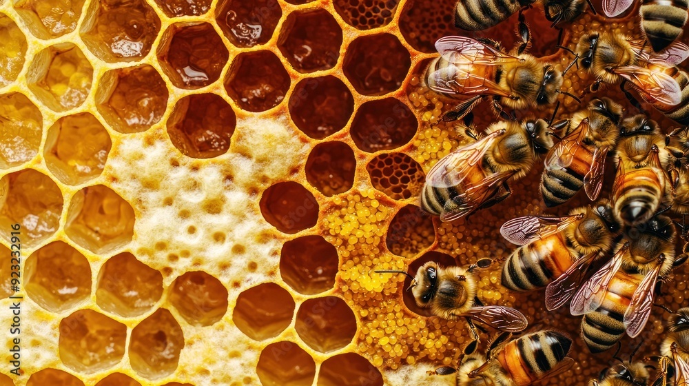 Bee larvae, cocoons and pollen in honeycombs close-up. Bee larvae, cocoons and pollen in honeycombs close-up.