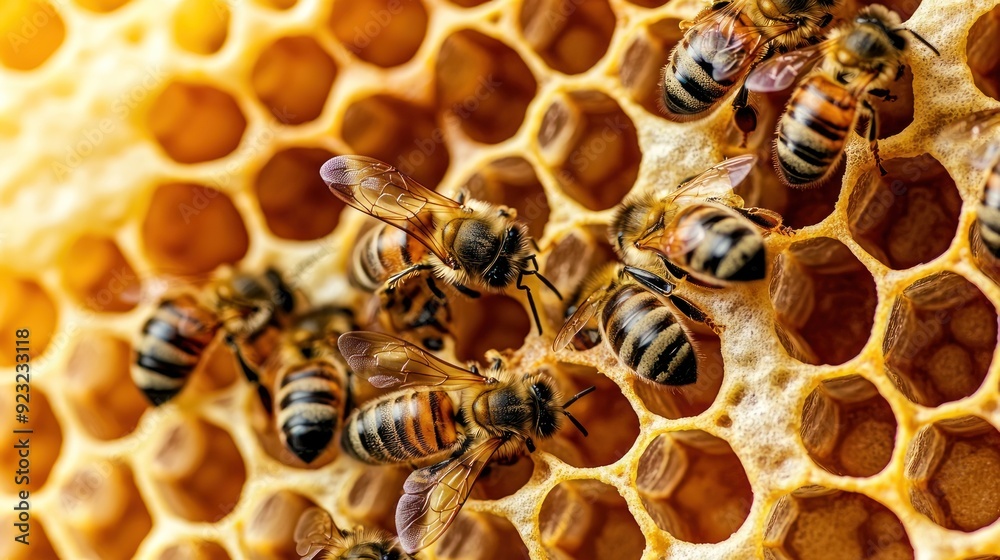Bee larvae, cocoons and pollen in honeycombs close-up. Bee larvae, cocoons and pollen in honeycombs close-up.
