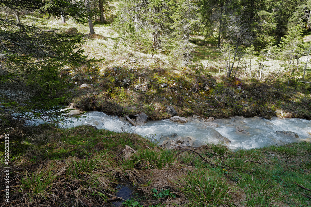 Natural landscape of rocky waterfall creek among green forest park and snowcapped mountain ridge Natural landscape of rocky waterfall creek among green forest park and snowcapped mountain ridge