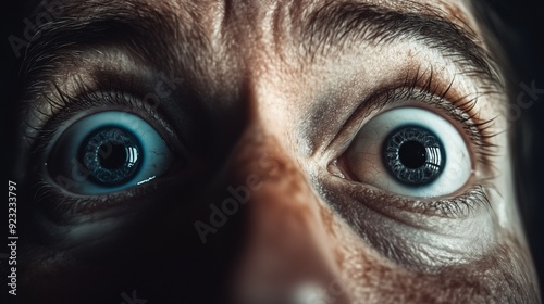 Close-up of terrified eyes, intense fear expression, wide-eyed panic in extreme close-up, person in shock with dilated pupils, horror and fear in the eyes