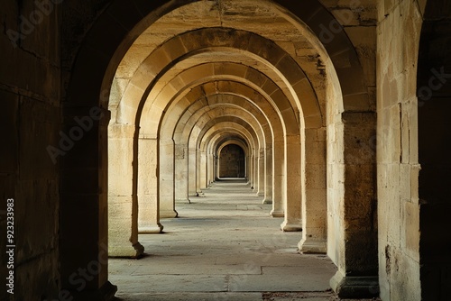 Arched corridors within an ancient stone structure highlighting intricate architectural details at dusk. Generative AI