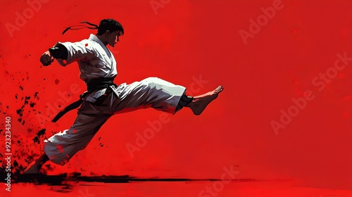 Martial Kicking in Dynamic Japanese Anime Style Against Plain Red Background