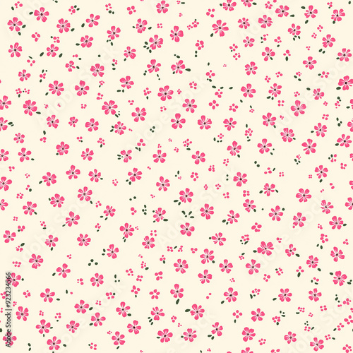 An elegant seamless floral pattern with small pink flowers scattered across a light cream background. The design is delicate, charming, and perfect for vintage or romantic themes.