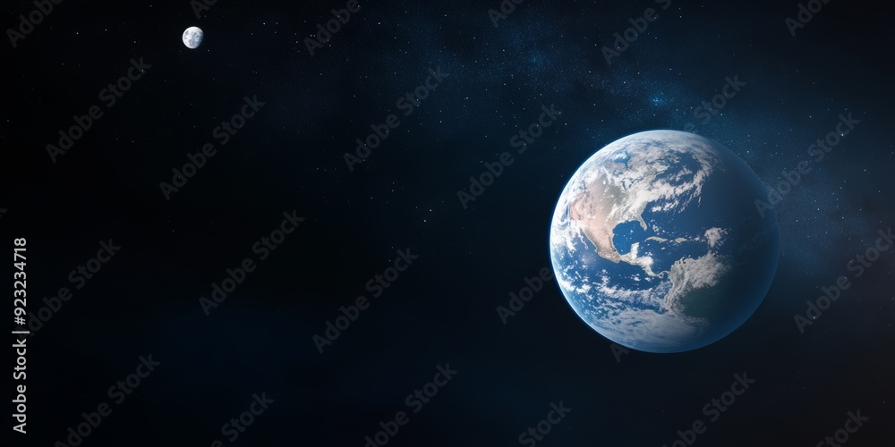 A view of Earth from space, with stars in the background, the moon on the left side, a blue atmosphere A view of Earth from space, with stars in the background, the moon on the left side, a blue atmosphere