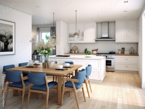 Modern dining room with wooden table and blue chairs, white kitchen cabinets and a large window.