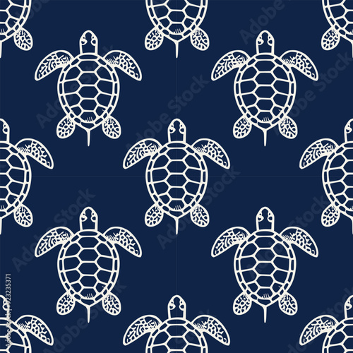 Seamless Pattern Playful nautical pattern featuring white turtles on a deep blue background, ideal for beach-themed textiles, children's clothing, and coastal-inspired decor.