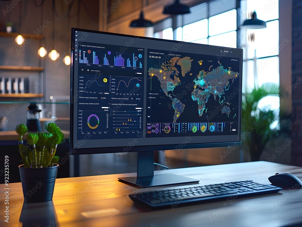 Modern workspace with a large monitor displaying analytics in a cozy office during the day