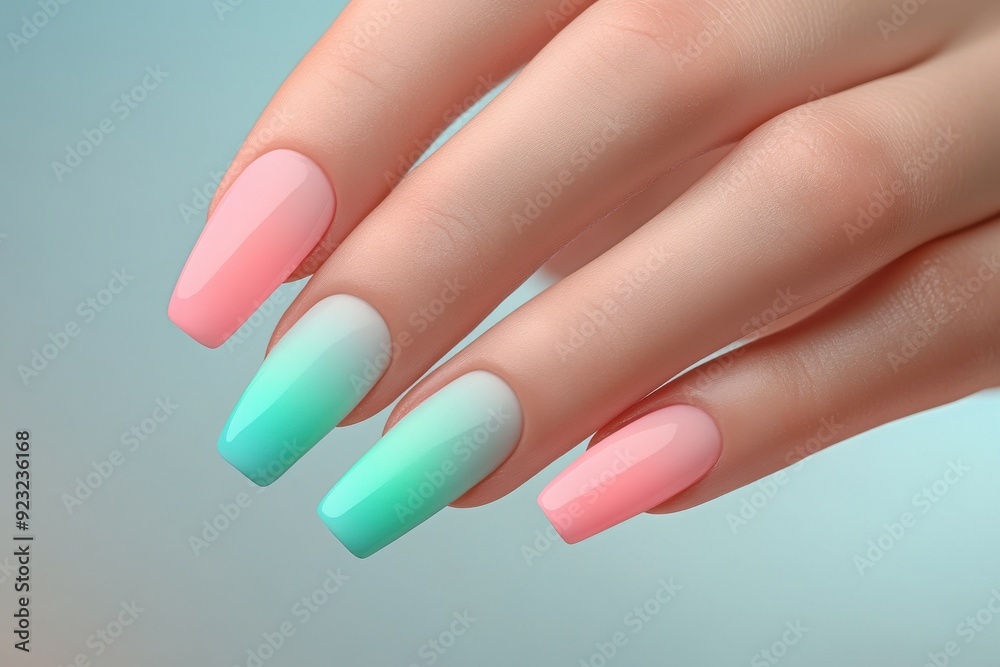 Close-up of woman's hand with pink and blue gradient manicure, beauty concept Close-up of woman's hand with pink and blue gradient manicure, beauty concept