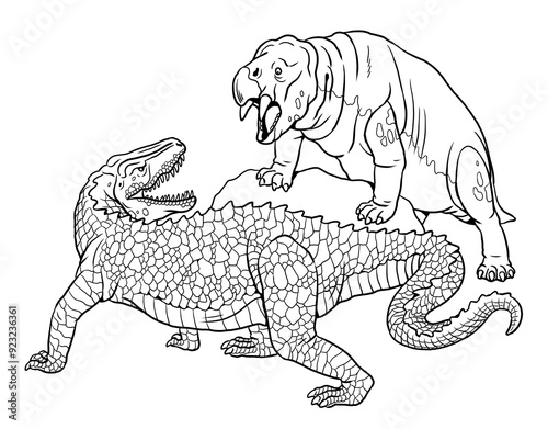 Carnivorous dinosaur Postosuchus attacks the Placerias. Dinosaurs battle to color in. Drawing with prehistoric animals. photo