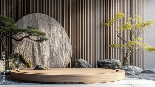 Zen stone garden backdrop stage podium for natural products showcase advertising montage background.