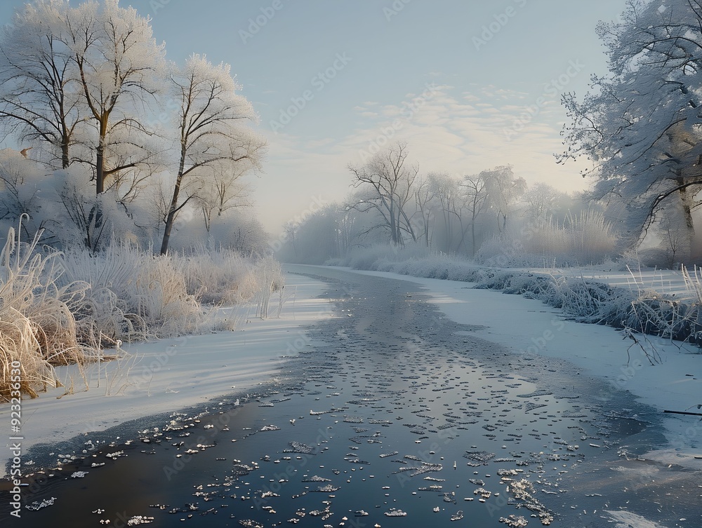 Frosty winter morning along a tranquil river with ice formations and frosted trees Frosty winter morning along a tranquil river with ice formations and frosted trees