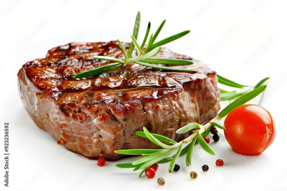 Grilled steak on white background decorated with herbs. Perfect for culinary blogs, restaurant menus, and food advertisements. High-quality food photography. Generative AI. Grilled steak on white background decorated with herbs. Perfect for culinary blogs, restaurant menus, and food advertisements. High-quality food photography. Generative AI.