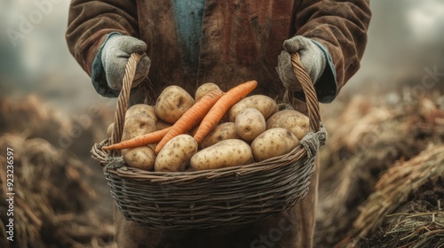 Farmer holding basket with potatoes and carrots against rustic farm background