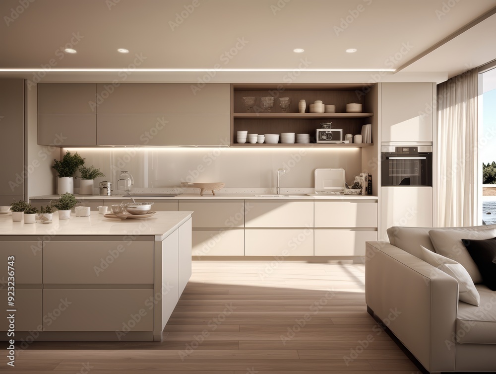 Modern kitchen interior with island, cabinets, and a couch. Modern kitchen interior with island, cabinets, and a couch.