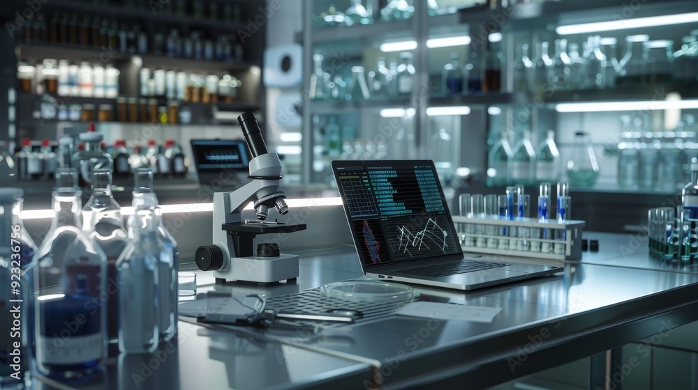 CuttingEdge Biotech Lab DNA Sequencing Data Microscopes and Precision Equipment on Stainless Steel Workbench CuttingEdge Biotech Lab DNA Sequencing Data Microscopes and Precision Equipment on Stainless Steel Workbench