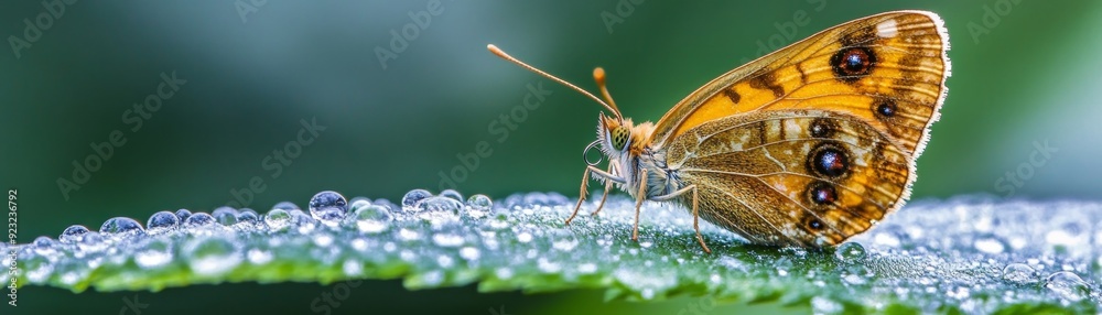 Φωτογραφία Ethereal Beauty: Close-up of Delicate Butterfly on Dewy Leaf with Intricate Wing