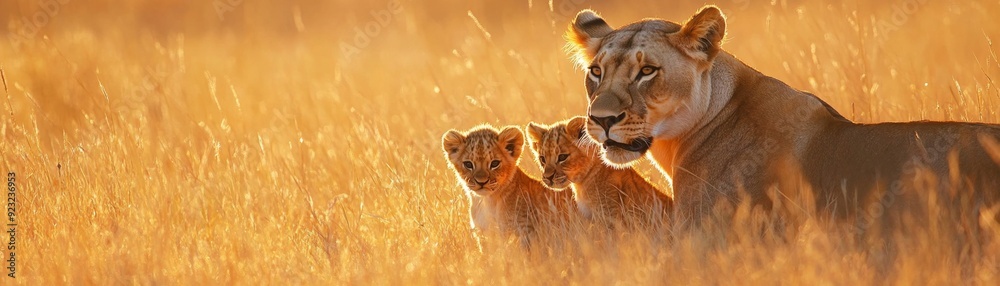 Fototapeta premium Lioness and Cubs: Intimate Play in Golden Grass - Warm Light, Detailed Fur Texture, Tender Wildlife Moment in Savannah