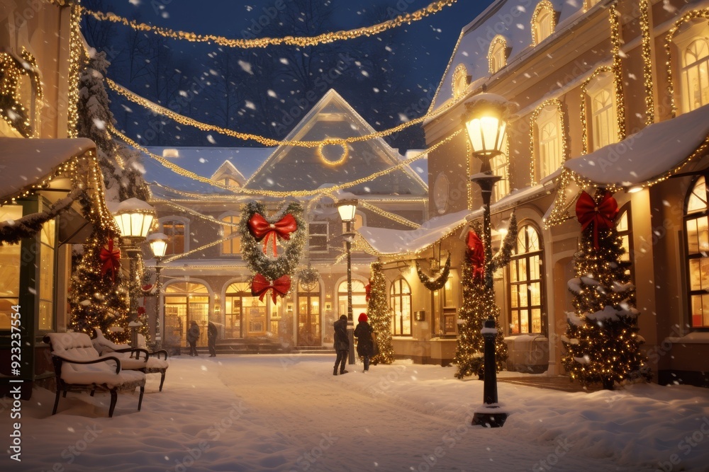 Christmas Lights and Decorations in Snowy Courtyard. Christmas Lights and Decorations in Snowy Courtyard.