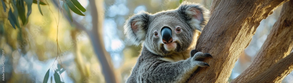 Fototapeta premium Serene Koala Close-up in Eucalyptus Tree: Detailed Fur Texture of Australian Wildlife in Natural Light