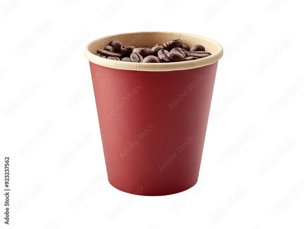 A red disposable cup filled with fresh coffee beans, perfect for cafe-themed projects and culinary presentations. A red disposable cup filled with fresh coffee beans, perfect for cafe-themed projects and culinary presentations.