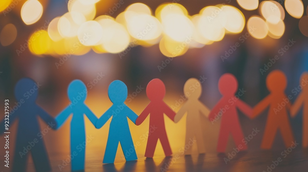 Multicoloured paper people holding hands, friendship, diversity and community concept, night bokeh background Multicoloured paper people holding hands, friendship, diversity and community concept, night bokeh background