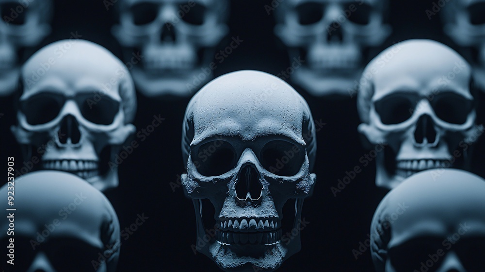 Minimalist skulls with subtle horror details creating a haunting repetitive pattern Minimalist skulls with subtle horror details creating a haunting repetitive pattern