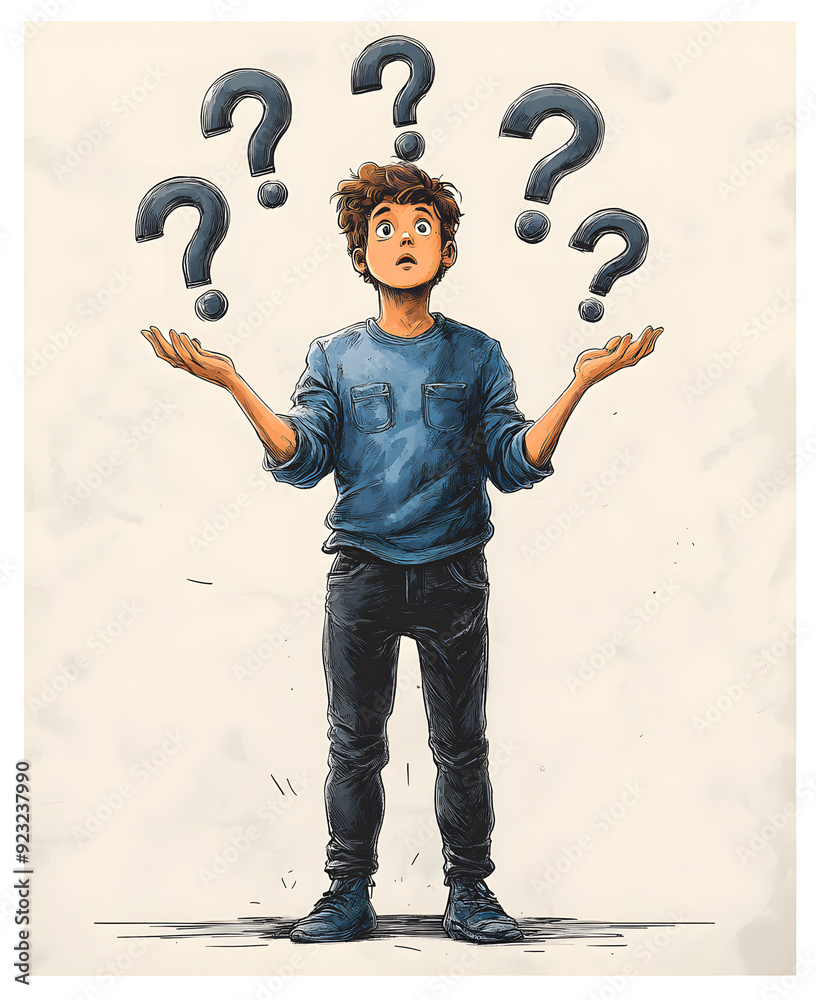 A digital illustration of a person standing with their hands spread out, looking puzzled as question marks float above their head A digital illustration of a person standing with their hands spread out, looking puzzled as question marks float above their head