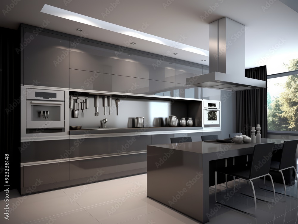 Modern kitchen with black cabinets, stainless steel appliances, and a black countertop island with four chairs. Modern kitchen with black cabinets, stainless steel appliances, and a black countertop island with four chairs.