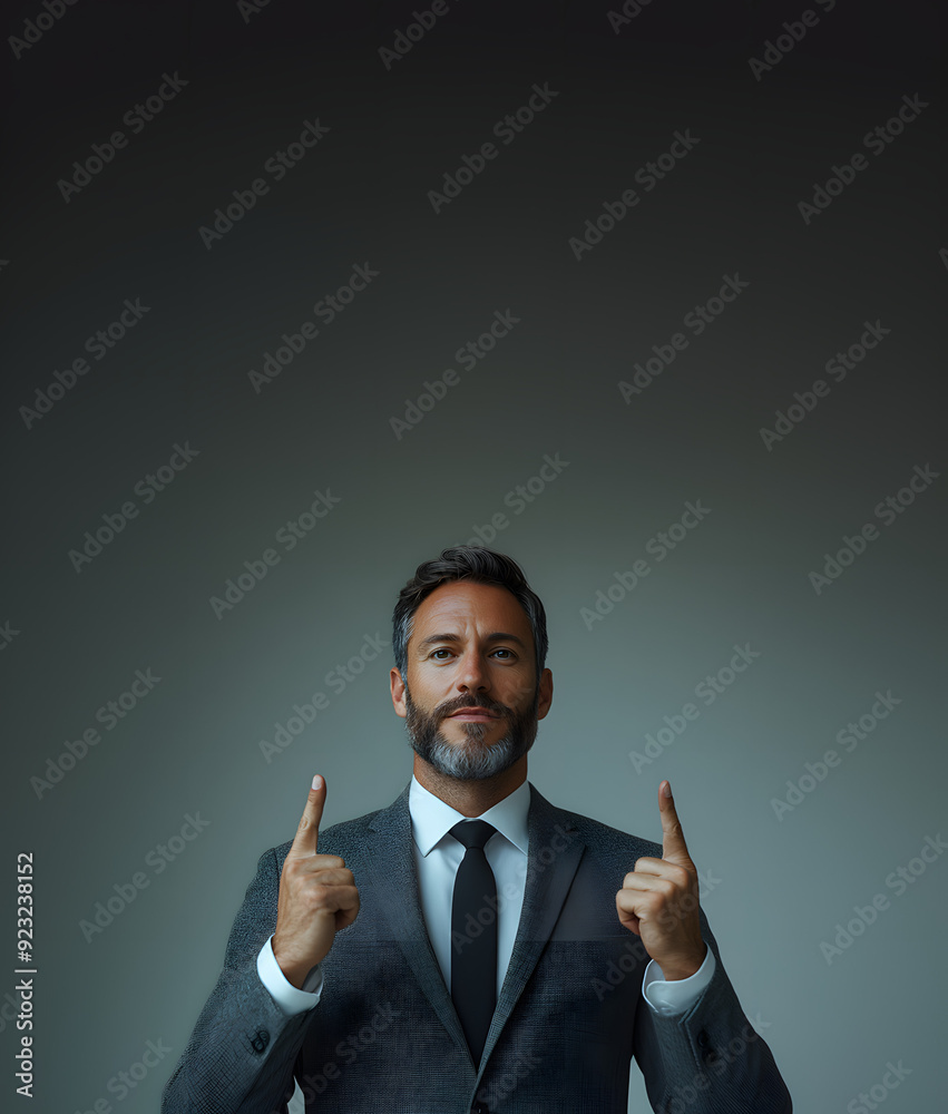 A poised and confident businessman in a suit, pointing upward with both hands, conveying a sense of leadership, direction, and success. A poised and confident businessman in a suit, pointing upward with both hands, conveying a sense of leadership, direction, and success.
