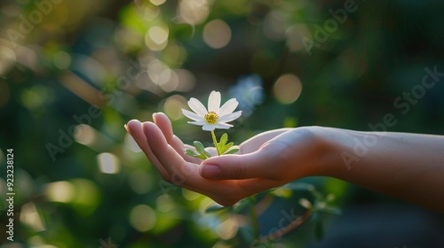 Detailed close up of a person is hand holding a delicate flower, ultra-sharp