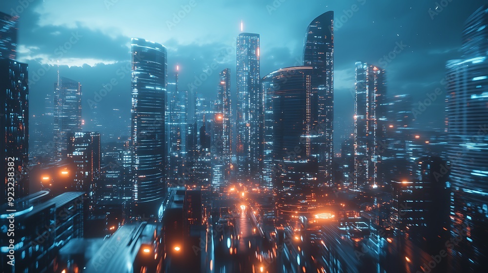 Fototapeta premium A futuristic cityscape with smart buildings and infrastructure under construction.