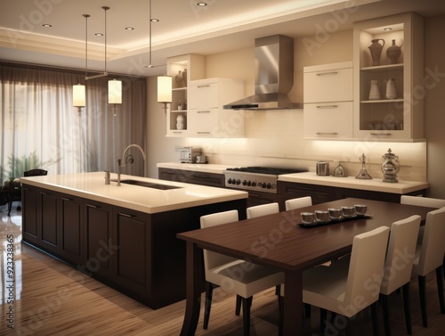 Modern kitchen with dark wood cabinets, white countertops, and a large island with a breakfast bar.