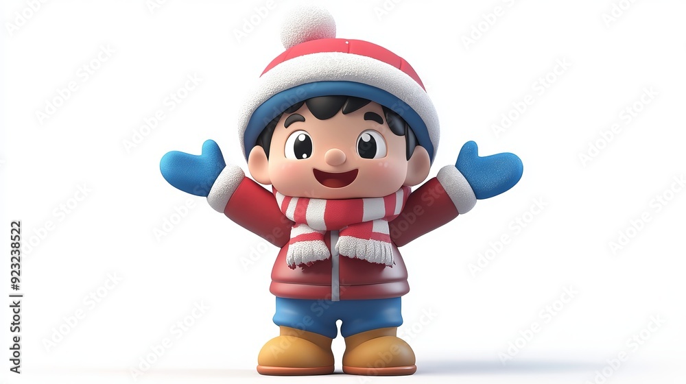 Happy cartoon boy in winter coat, scarf, and hat with joyful expression Happy cartoon boy in winter coat, scarf, and hat with joyful expression