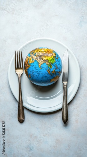Globetrotting Cuisine: A Compass of the World's Flavors on a Plate with Cutlery, Celebrating World Food Day on a Light Background.