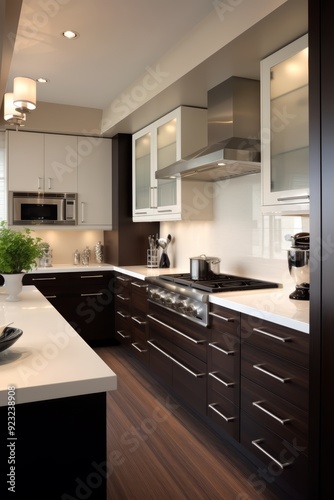 Modern kitchen with white cabinets, dark wood lower cabinets, and stainless steel appliances.
