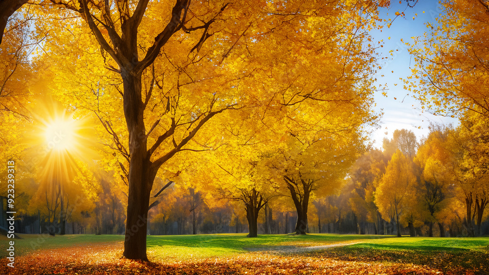 Fototapeta premium A captivating autumn landscape featuring yellow trees and sunlight.