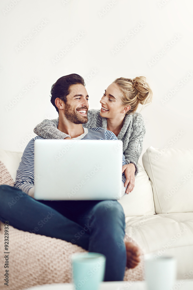 Happy couple, hug or laptop for support, space and movie streaming online in house living room. Smile, internet and people bonding on social network app, digital website and technology for mockup Happy couple, hug or laptop for support, space and movie streaming online in house living room. Smile, internet and people bonding on social network app, digital website and technology for mockup