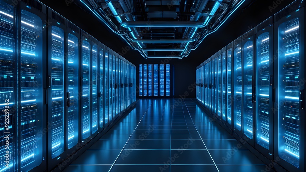 A large room with many computer servers and a blue light A large room with many computer servers and a blue light