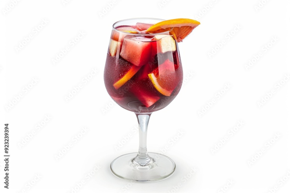 Close-up of a refreshing red sangria cocktail in a wine glass with ice and fruit slices on white background. Perfect for summer drinks menu and social media posts. Generative AI Close-up of a refreshing red sangria cocktail in a wine glass with ice and fruit slices on white background. Perfect for summer drinks menu and social media posts. Generative AI