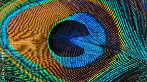 Detailed photograph of a peacock feather showing vibrant colors and intricate patterns photo