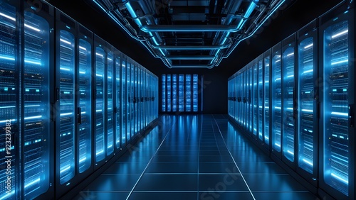 A large room with many computer servers and a blue light