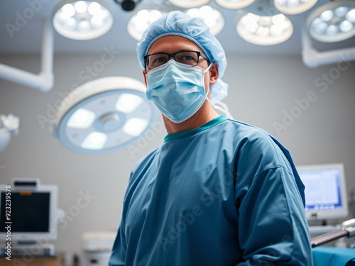  Surgeon in an Operating Room A surgeon in full surgical attire, including a mask and gloves, standing in an operating room with bright lights and surgical instruments prepared, ready to perform surge