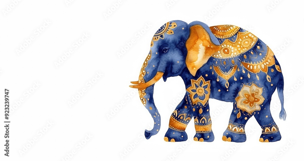 Fototapeta premium Watercolor Indian walking elephant on white background. Elephant festival in India concept. Ganesh Chaturthi cartoon greeting card, print, poster.